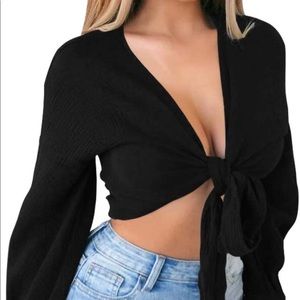CLOZOZ Women's Sexy Deep V Neck Tie Front Long Sleeve Shirts Crop Top Sz.S